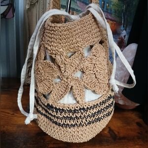 Zara Handcrafted Tan Crochet Bucket Bag W Drawsting Liner